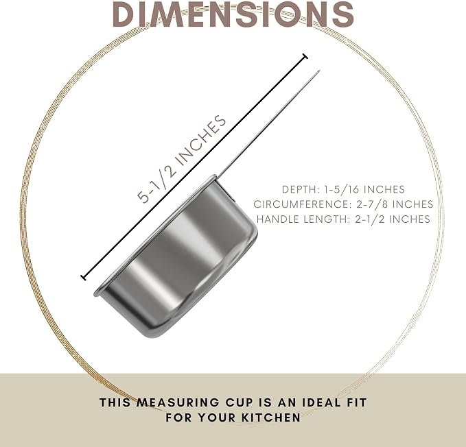 1/2 Cup Stainless Steel Measuring Cup | Sturdy Metal 125 ml | 125 cc | 4 oz | Single Cup for Wet and Dry Ingredients | Great for use as 1/2 Cup Dog Food Scoop - 1 PK