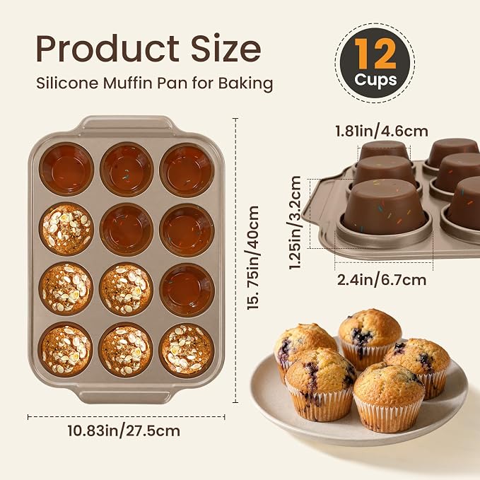 Silicone Muffin Pans for Baking with Metal Frame, 12-Cup Silicone Cupcake Pan, Egg Bite Silicone Mold, Nonstick, BPA Free, Oven & Dishwasher Safe