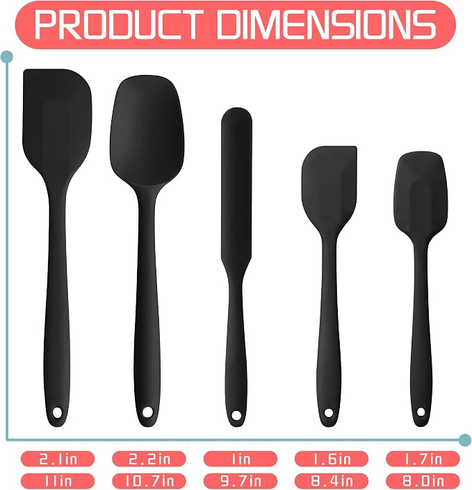 5 Pieces Silicone Spatula Set BPA Free Non Stick Rubber Spatula Heat Resistant Set Ideal for Baking Cooking Mixing Dishwasher Safe Kitchen Tools Black