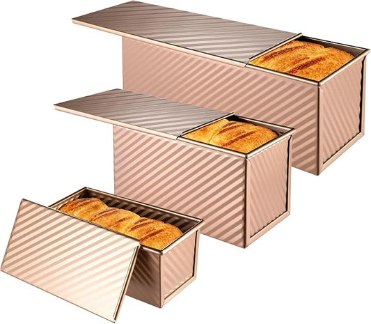 3 Pcs Pullman Loaf Pan with Lid, 2.2lb/1lb/0.5lb Dough Capacity, Non-Stick Carbon Steel Bread Pans for Homemade Bread Sandwich and Toast, Sourdough Loaf Pan with Lid, Corrugated Toast Mold (Golden）