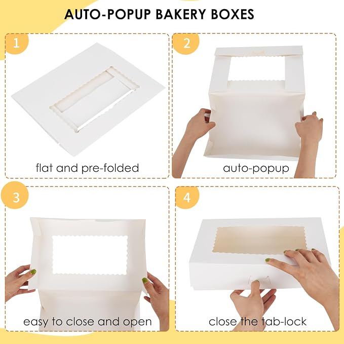Moretoes 30pcs Auto-Popup Cookie Boxes, 12x8x2.5 Inches Bakery Boxes with 3 Style Windows for Chocolate Covered Strawberries, Donuts, Pastries,Cake Pops