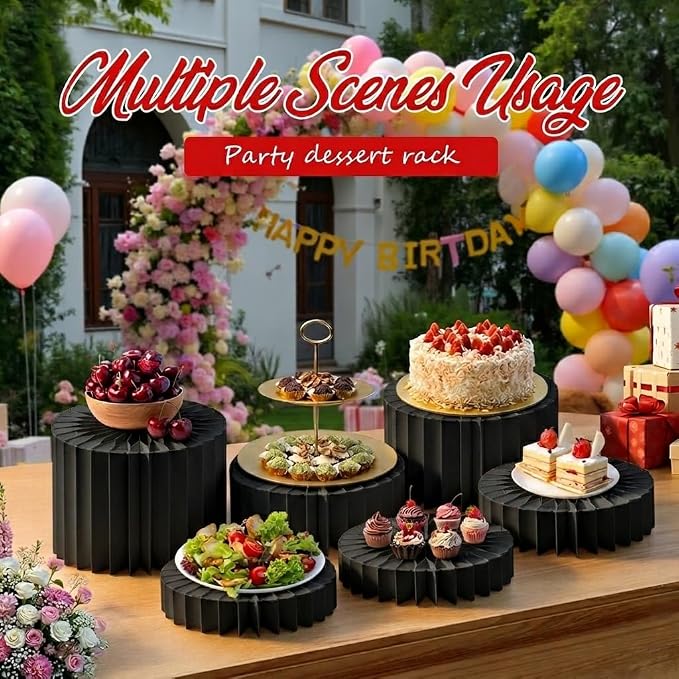 6 Pcs Buffet Risers Food Display Risers with Mini Sign, Buffet Table Risers Display Stands Cake Stand Cylinder Stands for Party Dessert Jewelry Collectibles (Black)