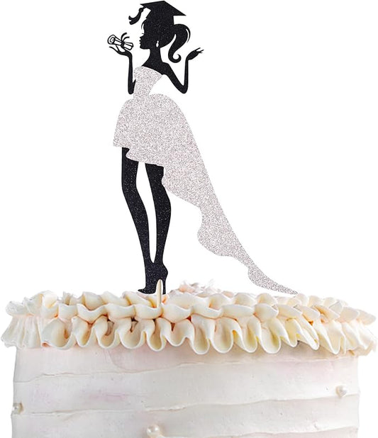 1 Pack Graduation Girl Cake Pick 2026 Graduation Cake Topper with Glitter Diploma Graduation Cap Congrats 2026 Cake Decorations for 2026 Graduation Theme High School Girls Graduate Party Silver