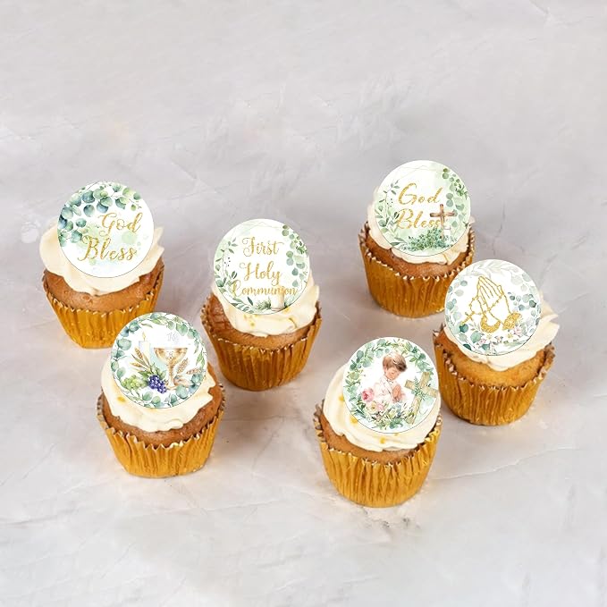 64 PCS Edible God Bless Cupcake Toppers Greenery Leaves Baptism Dove Cross Cupcake Picks Edible First Holy Communion Cake Decorations for God Bless Theme Baby Shower Boys Birthday Party Supplies