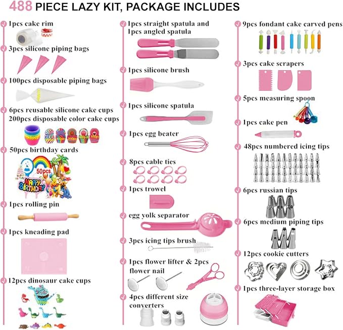 Cake Decorating Kit,Piping Bags and Tips Set,Cake Decorating Supplies,Frosting Piping Kit,Cake Baking Supplies for Beginners (488PCS)