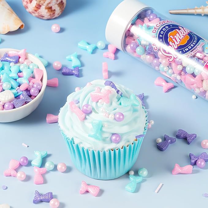 Mermaid Sprinkles Edible Sugar Pearl Shell Jimmies Mix 120g/4.3oz Pastel Sprinkles Ocean Summer Baking Cake Fun Decorations Perfect for Baking Ice Cream,Cookies,Dessert,Cupcake Topper,Birthday Party Supplies