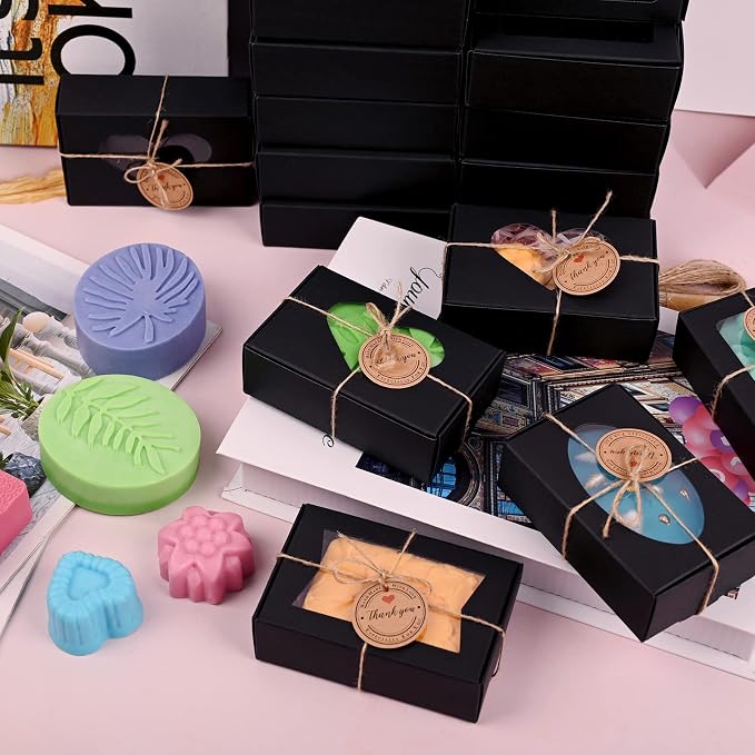 32 PCS Black Soap Boxes for Homemade Soap, 3.54 X 2.36 X 1.18 Inch Soap Packaging Gift boxes with Window, Small Rectangular Soap Wrapping Boxes (Black)