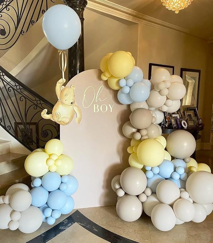 Pastel Blue Yellow Balloon Arch Kit 154pcs Macaron Baby Blue Pastel Yellow and Light Brown Latex Balloons for Baby Shower Bee Bear Theme Birthday Bridal Wedding Party Decorations
