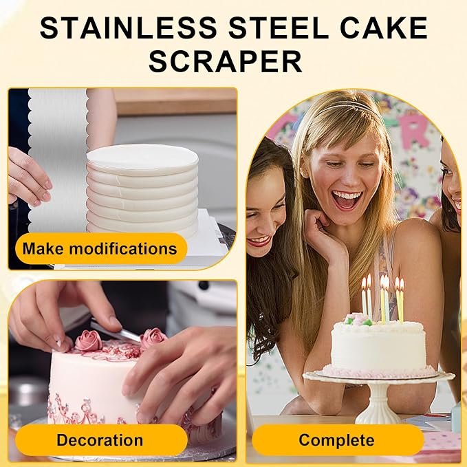 9 Inch Stainless Steel Cake Scraper Set Metal Cake Scraper Large Double Sided Patterned Stripe Edge Smoother for Mousse, Cream Decoration (2)