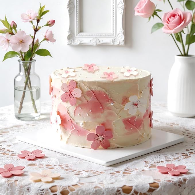 Edible Flowers Cake Decorations - Edible Flowers Set of 60PCs, Edible Cherry Blossom Cake Decorations Wafer Paper Flower Cupcake Toppers for Wedding Birthday Party (White & Pink)