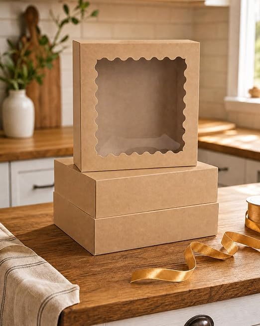 Bakepacker 120pcs Brown Pie Boxes 12"x 12"x 3" Easy Assemble Macaroon Cookie Boxes Bakery Boxes with Window for Bakery (Auto-pop Up)