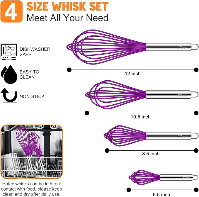 HOTEC 4 Pieces Silicone Whisks Set, Wire Balloon Whisks for cooking Egg Beater, Non-slip Handle Whisk for Non-stick Cookware Perfect for Cooking, Stirring, Beating and Blending,Purple