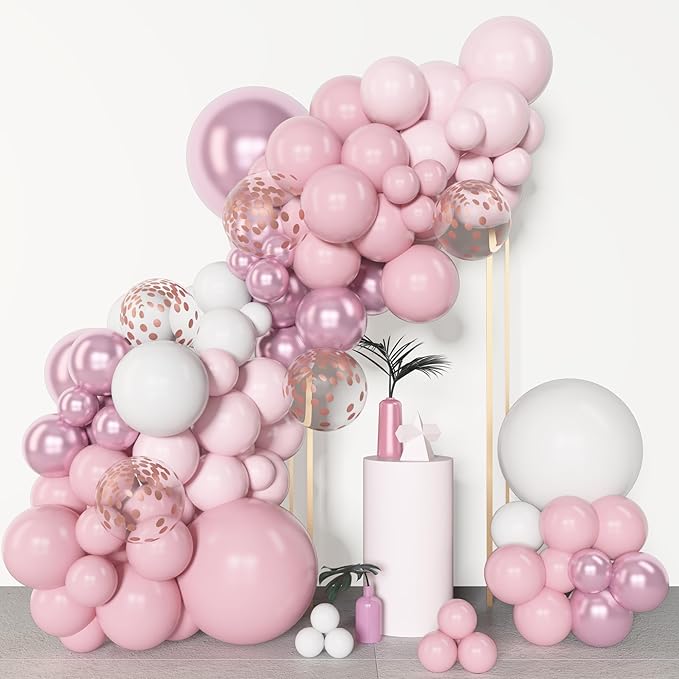 Amandir 153pcs Pink White Balloons Arch Garland Kit, Different Sizes 18 12 10 5inch Pastel Light Latex Metallic Confetti Pink Balloons Valentines Shower Wedding Bow Coquette Birthday Party Decorations