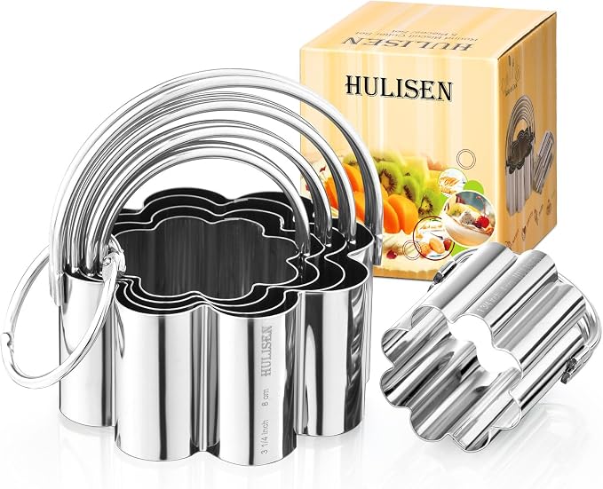 HULISEN Flower Cookie Cutter Set (5 Pieces/Set), Stainless Steel Scalloped Edge Biscuit Cutter with Handle, Professional Baking Tools Set, Gift Packaging (Plum Blossom)