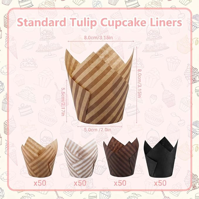 200 Pcs Stripe Tulip Cupcake Liners for Baking, Assorted Colors | Standard Greaseproof Tulip Muffin Liners for Baking, 3oz Paper Cupcake Wrappers for Party Wedding Birthday