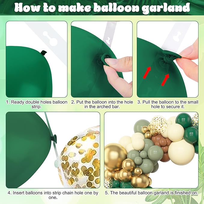 Amandir 153pcs Green Brown Balloon Garland Arch Kit, Different Sizes 18 12 10 5 inch Sage Green Ivory Gold Latex Metallic Confetti Balloon for Safari Jungle Wild One Woodland Tropical Party Decoration