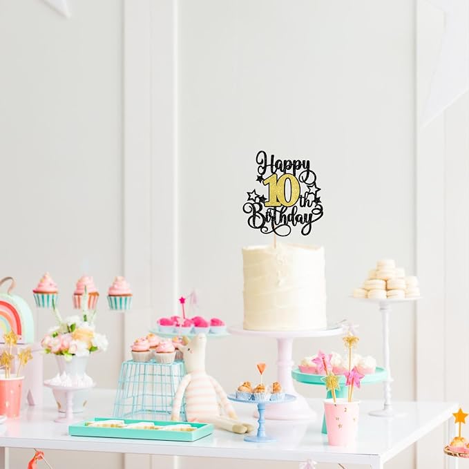 1 PCS Happy 10th Birthday Cake Topper Black Gold Glitter Cheers to 10 Years Birthday Cake Pick Hello 10 Fabulous Cake Decoration for Happy 10th Birthday Anniversary Party Decorations Supplies