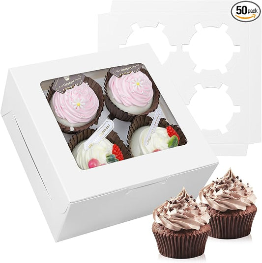 50-Set Cupcake Boxes Bulk with Clear Display Window Hold 4 Standard Cupcakes, Disposable Food Grade White Cupcake Carrier Cupcake Container, Perfect for Cupcakes Muffins Cookies Pastries