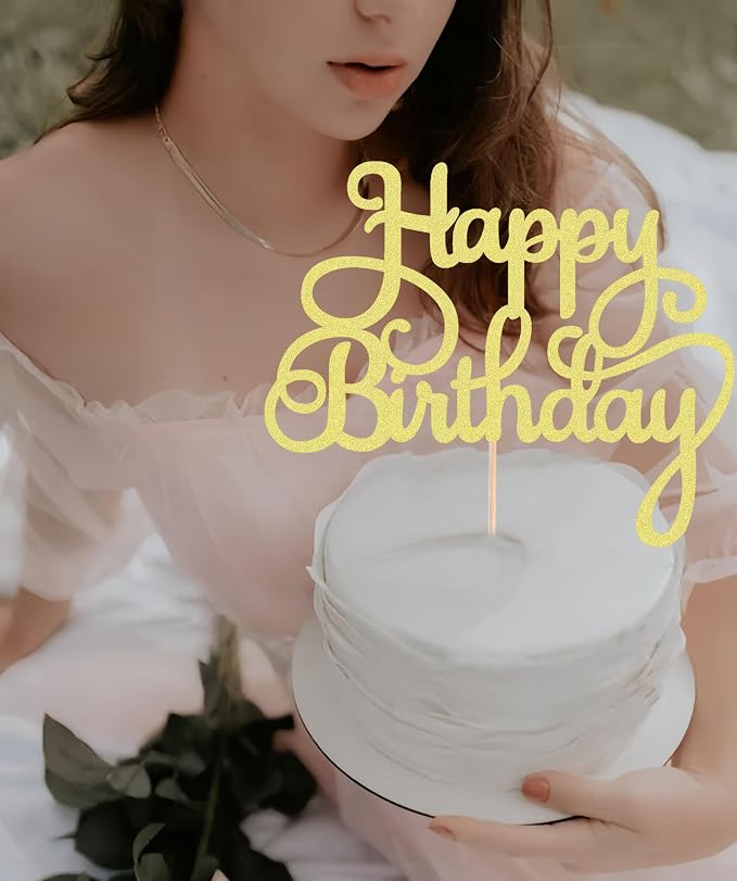 Happy Birthday Cake Topper - Gold Glitter Birthday Party Cake Decoration Supplies, Photo Booth Props
