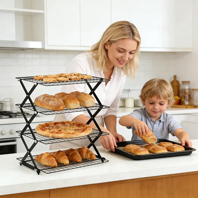 OTYMIOW Collapsible Cooling Rack with Adjustable 3 Setting Design Adjustable ＆ Stackable Baking Rack, X-Shaped Structure Cooling Rack for Cooking and Baking, Picnic Party (4 Tier)