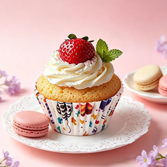 200 Paper Cupcake Liners, Muffin Liners or Baking Cups for Desserts, Muffins, Cupcakes and More Treats; Grease Proof, No Smell, Food Grade, Nut Serving Containers (Birthday)