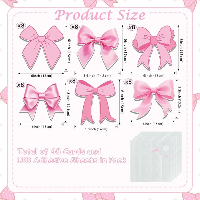Vuzvuv 48Pcs Pink Bow Paper Cutouts with 100Pcs Glue Points,Pink Bow Cut Outs Bulletin Board Decorations for Birthday Party Theme Decor Supplies