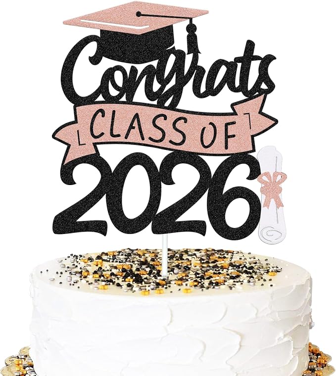 Congrats Class of 2026 Cake Topper Congrats Grad Cap Diploma Theme for High School Happy Graduation Party Supplies College Graduate Decoration (Rose Gold)