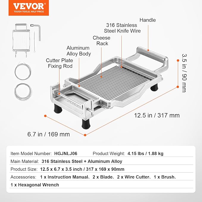 VEVOR Cheese Slicer, Butter Cutter with 0.39" & 0.78" Cheeser Butter Cutting Blade, Detachable Cheese Slicer Wire, Aluminum Alloy Commercial Cheese Cutter with 316 Stainless Steel Knife Wire