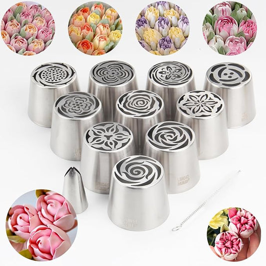 12-Piece Extra-Large Russian Flower Piping Tip Set, Stainless Steel Rose and Tulip Piping Tips for Cake Decoration, Including 10 Extra-Large Flower Tips, 1 Leaf Tip, and 1 Brush