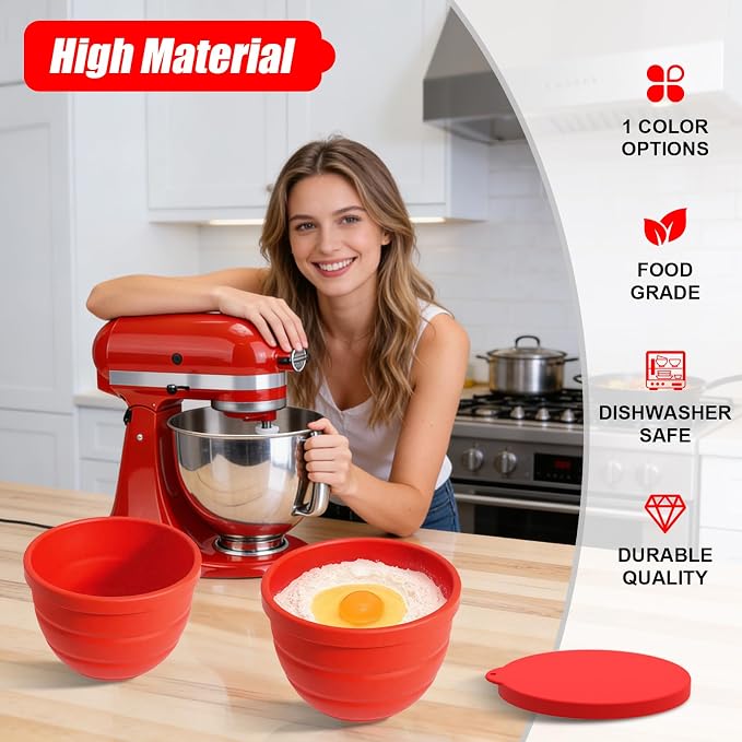 Foldable Silicone Liners for 5 Qt KitchenAid Tilt-Head Stand Mixer(Only), Odourless,Thicker, Cold/Heat-Resistant & Non-Stick, Easy Clean, with Splash-proof Bowl Lid, Red