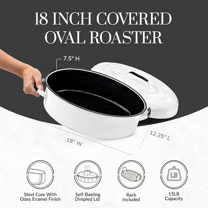 Granite Ware 18-Inch Oval Covered Roaster With Rack - Nonstick Enamel Steel Cookware with Lid for Baking, Broiling, Grilling, Even Cooking - Multiuse Roasting Pan for Versatile Meals