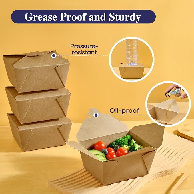 LITOPAK 50 Pack 27 oz Take Out Food Containers, Kraft Brown Take Out Boxes Leak Grease Resistant and Stackable for Restaurants, Homes, Offices, Picnics