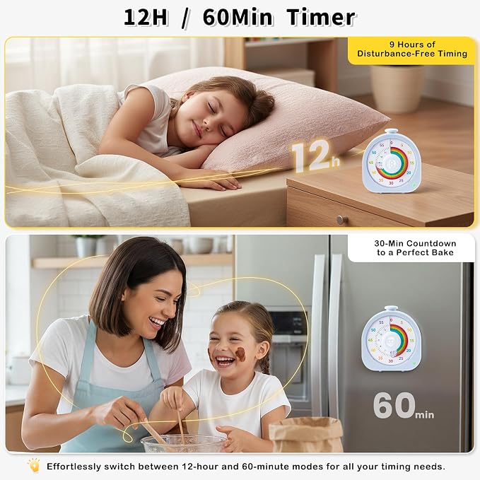 Kids Timer with Rainbow Visual Disk, Rechargeable Timer for Classroom Office Kitchen with Magnetic Sticker, 60 Min/12Hr Silent Countdown Timers Management Tool for ADHD & Autism