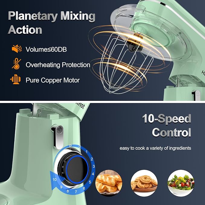 Honinst Stand Mixer, 6.5QT 10-Speed Tilt-Head Electric Stand Mixer, 3-In-1 Kitchen Mixer with Bowl, Dough Hook, Whisk and Beater, Food Mixer for Baking, Cake and Most Home Cooks, Light Green