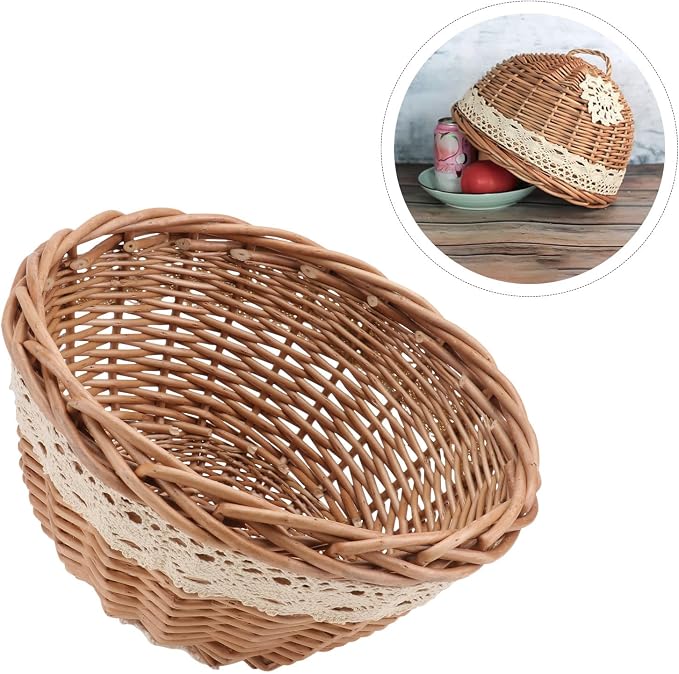 VICASKY Hand-woven Rattan Food Protecting Cover Basket, round Natural Wood Color, Kitchen Storage for Bread and Fruit, 1pcs Food Protector for Household Use
