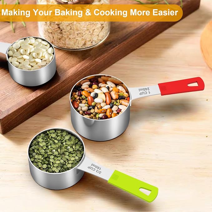 Wildone Stainless Steel 8-Piece Measuring Cups Set with Silicone Handle | Kitchen Gadgets for Cooking & Baking, Dishwasher Safe