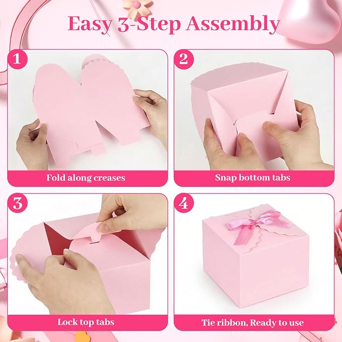 VGOODALL 10PCS Gift Boxes with Ribbon, Pink Candy Box with Ribbon Paper Treat Boxes for Wedding Cookie Chocolates Small Gifts