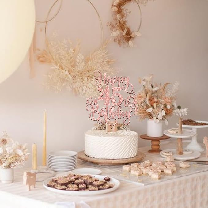 1 PCS Happy 45th Birthday Cake Topper Glitter Cheers to 45 Years Birthday Cake Pick Hello 45 Fabulous Cake Decoration for Happy 45th Birthday Anniversary Party Decorations Supplies Rose Gold