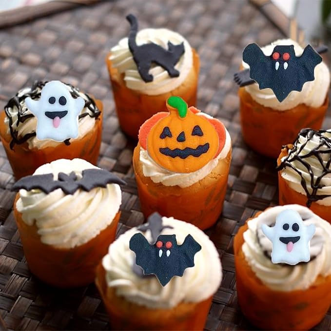 Sentovac 12 Pcs Halloween Icing Decoration Edible Tombstone Pumpkin Ghost Bat Mix Candy Dessert Sprinkles DIY For Cookie Cake Cupcake Topper Icing Frosting Decoration Supplies