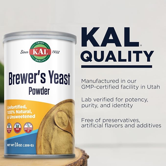 KAL Brewers Yeast Powder, Unfortified, Unsweetened Super Food, 100% Natural Source of Protein, B Complex Vitamins, Amino Acids - Vegan, Preservative Free, Made Without Soy - Approx. 18 Servings, 7.4oz