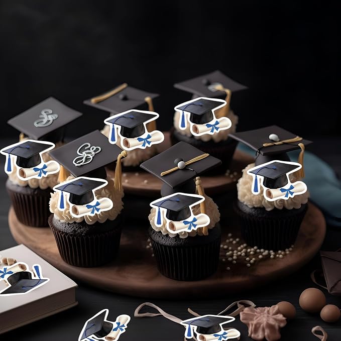 48pcs Edible Graduation Cap Cupcake Toppers Wafer Paper Blue Grad Cap Diploma Cake Decorations Edible Grad Cap Cupcake Picks for 2026 Graduation Theme Party Cake Decor Supplies