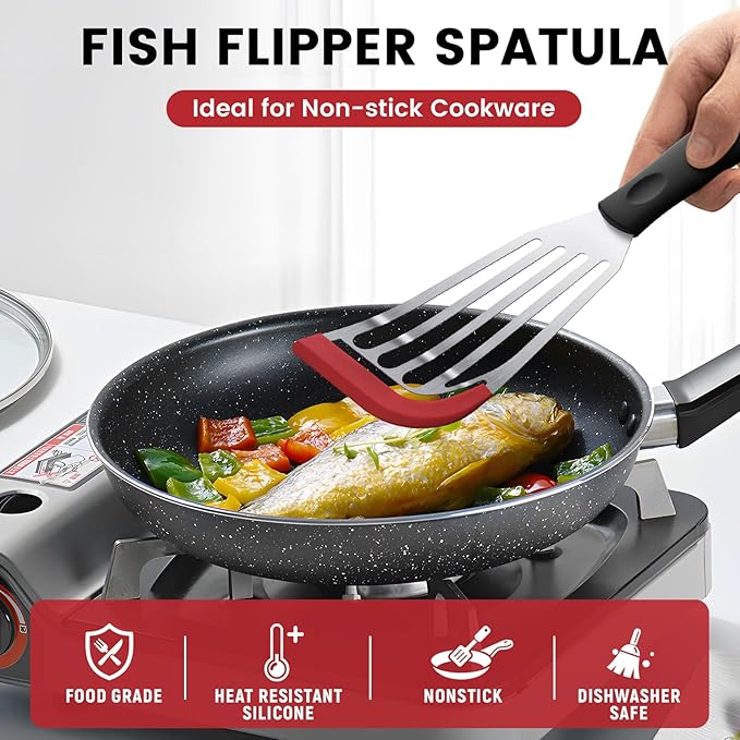 2Pcs Silicone Fish Spatula, Heat Resistant Silicone Edge for Nonstick Cookware, Fish Turner for Kitchen Use, Flexible and Thin Stainless Steel Utensils, Perfect Slotted Spatula for Egg, Pancake, Red