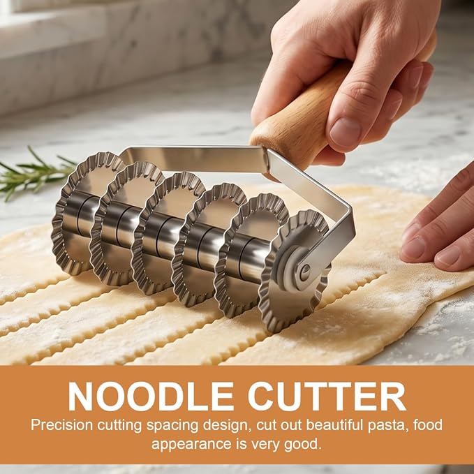 OSALADI Lattice Dough Cutter with Wooden Handle 8.07In Kitchen Gadget for Pastry Pie Pizza Noodle Cutting Tool Stainless Steel Lattice Roller for Home Baking