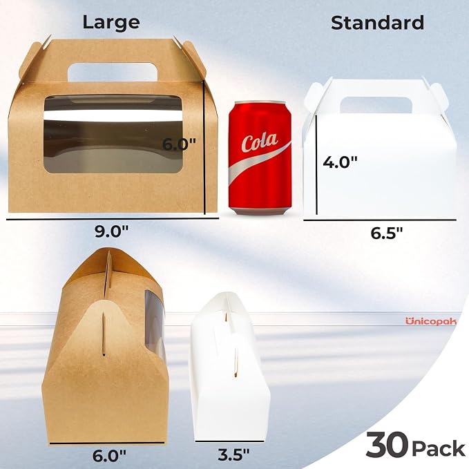 UnicoPak 30 Pack Brown Gable Bakery Boxes with Window 9x6x6, Food-grade Cardboard, Rustic Treat Boxes for Homemade Gifts, Lunch, Donuts, Bread, Large Gift Boxes with Handles for Favors