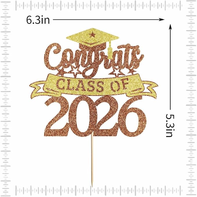 Glitter Class of 2026 Cake Topper，Congrats Grad Decorations， 2026 Happy Graduation High School/College/University Graduation Party Supplies Brown and Gold