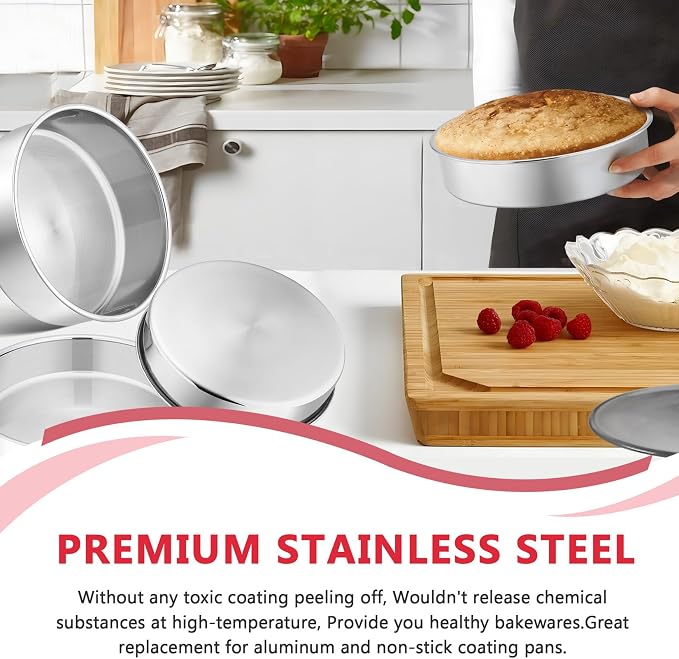 P&P CHEF 8 Inch Cake Pan Set of 4, Stainless Steel Baking Round Cake Pans Tins Bakeware for Birthday Wedding, Leak-proof & Easy Clean, Mirror Finish & Easy Releasing