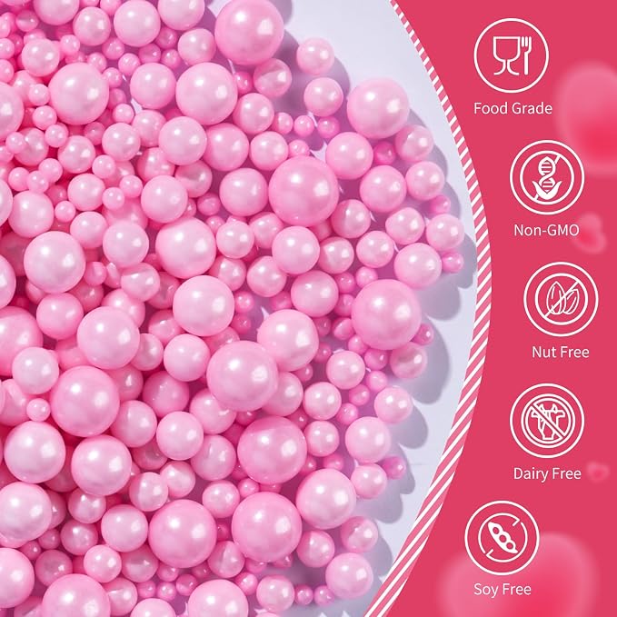Pink Pearl Sprinkles for Cake Decorating,130g,Edible Sugar Pearls for Baking,Mix Size,Cake Topper,Cupcake Cookie Decorating,Ice Cream Dessert Decorations,Wedding Birthday Supplies