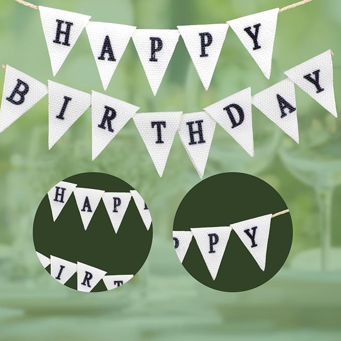 Happy Birthday Flag Banner Cake Topper, Handmade Ivory Cotton Pennant & Flower Flags with Wooden Poles Party Decorations for Cakes & Cupcakes