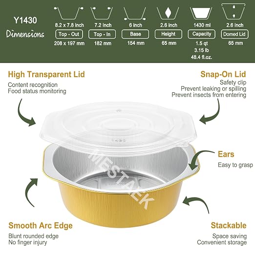 48oz Round Aluminum Foil Containers with Lids, 5 Pack | 7.7 Inch Round, Heavy Duty Foil, Ideal for Meal Prep, Pasta, Casseroles and Food Storage
