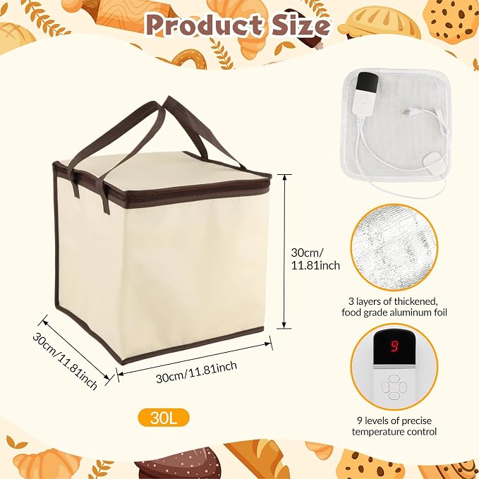 Fenteer Dough Proofer, 30L Foldable Sourdough Warmer with Heating Pad, 9-Level Temperature Control for Bread and Yogurt Making